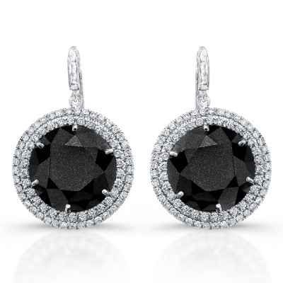 Halo diamond drop earrings with black diamonds.