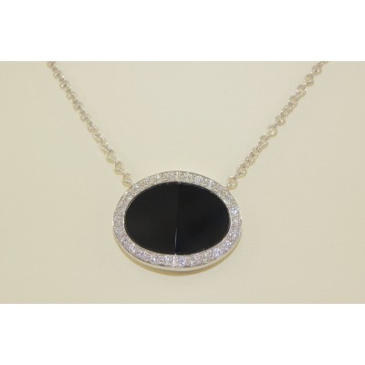 Diamond and Oval Onyx Pendant in 18k White Gold