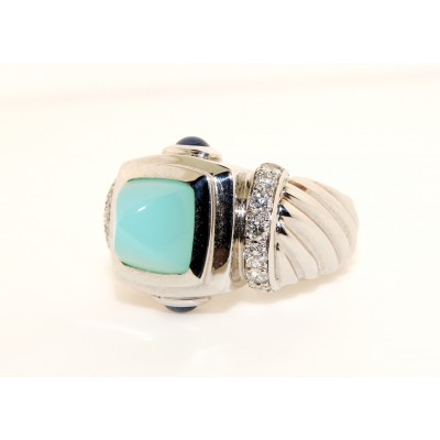 14K White Gold Diamond and Blue Green Chalcedony with Sapphire