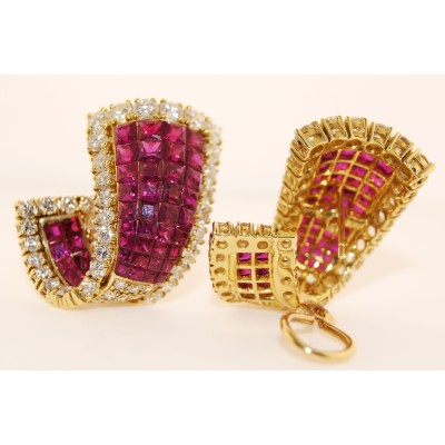 18K Yellow Gold Diamond and Ruby Earrings