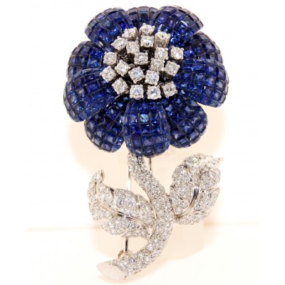18K White Gold Diamond and Sapphire Flower shaped Pin