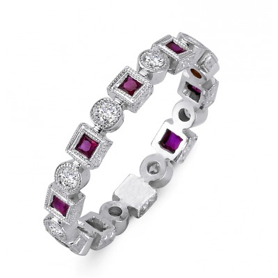 18K White Gold Diamond and Ruby Band