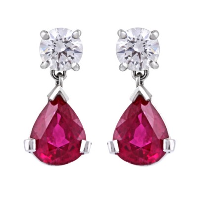 Platinum Diamond and Ruby Drop Earrings