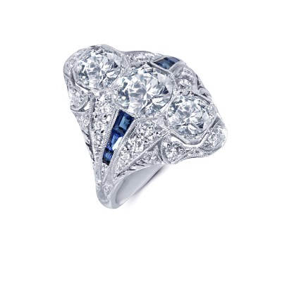 Platinum Art Deco Diamond and Sapphire Ring