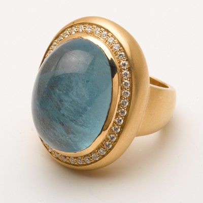 18K Yellow Gold Handmade Cabochan Aqua Ring