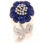 18K White Gold Diamond and Sapphire Flower shaped Pin